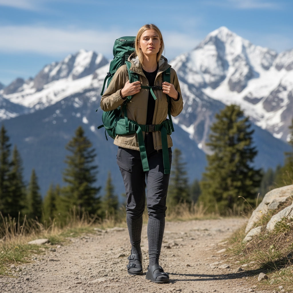 Person hiking with a backpack in a mountainous area wearing black sandals