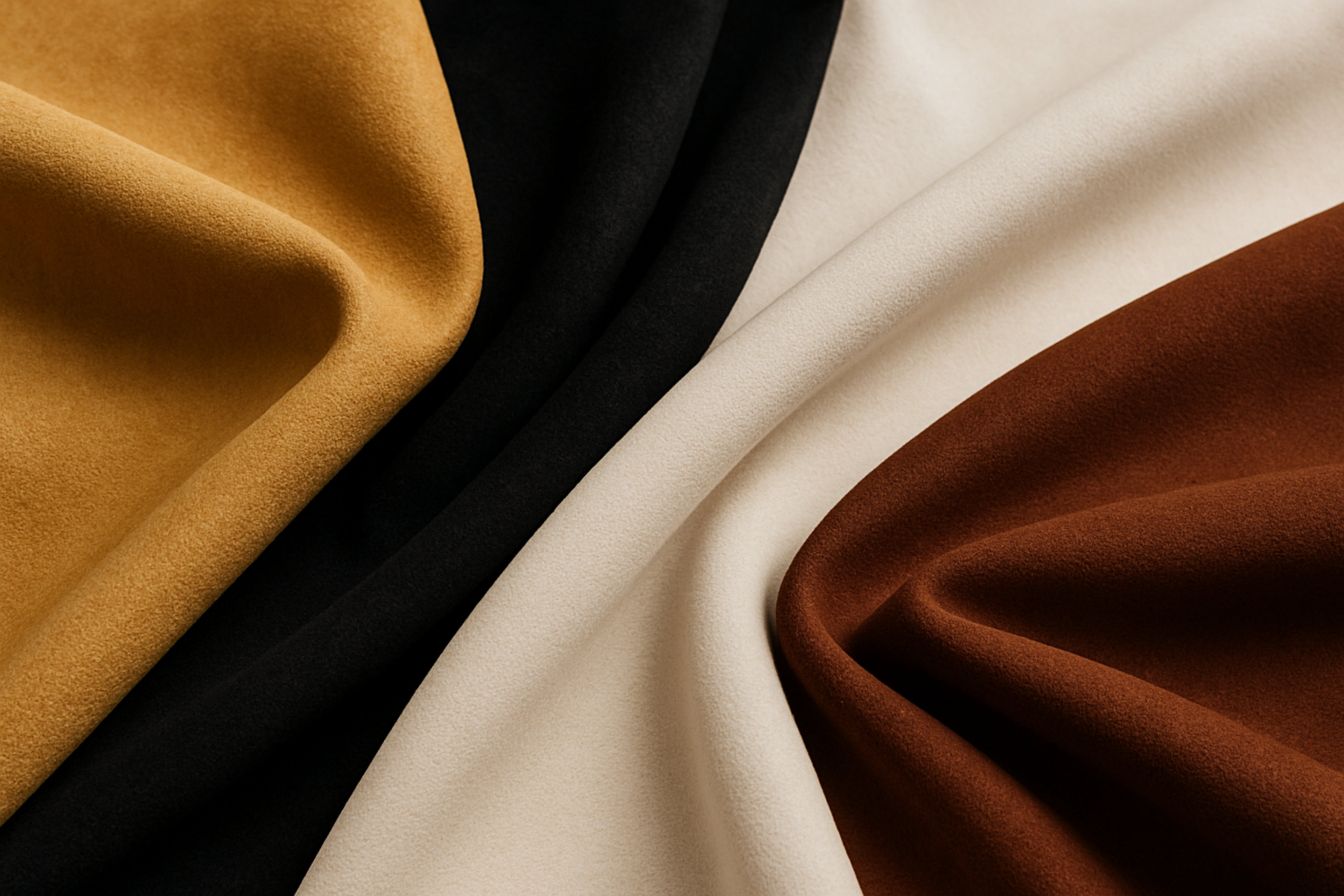 CREATE an image of 4 different swatches of microfibre in gold, black, white and rich brown. have the swatches folding gracefully over each other in an attractive way