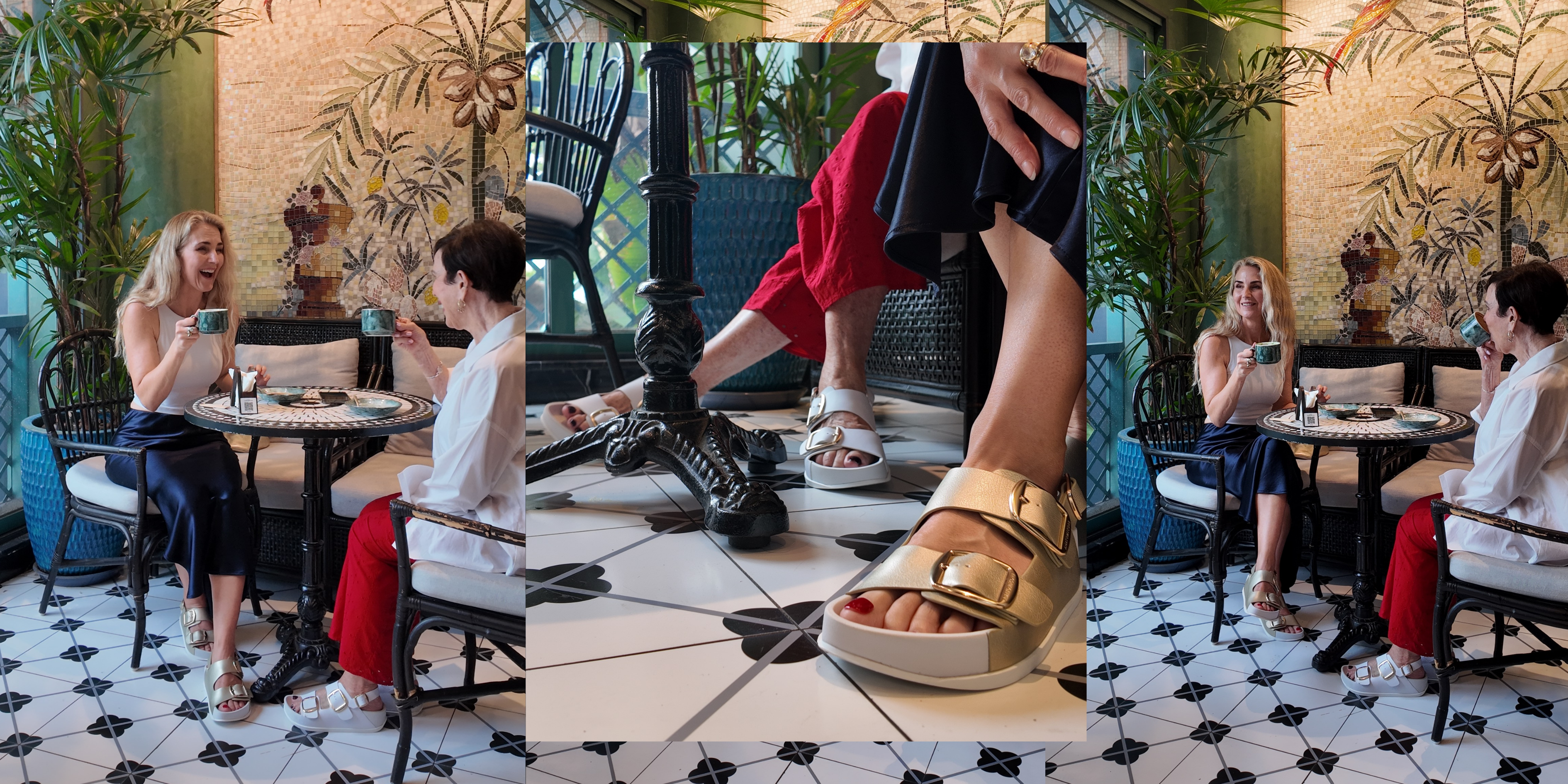 Collage of people in a restaurant setting with a focus on a person's feet wearing sandals.
