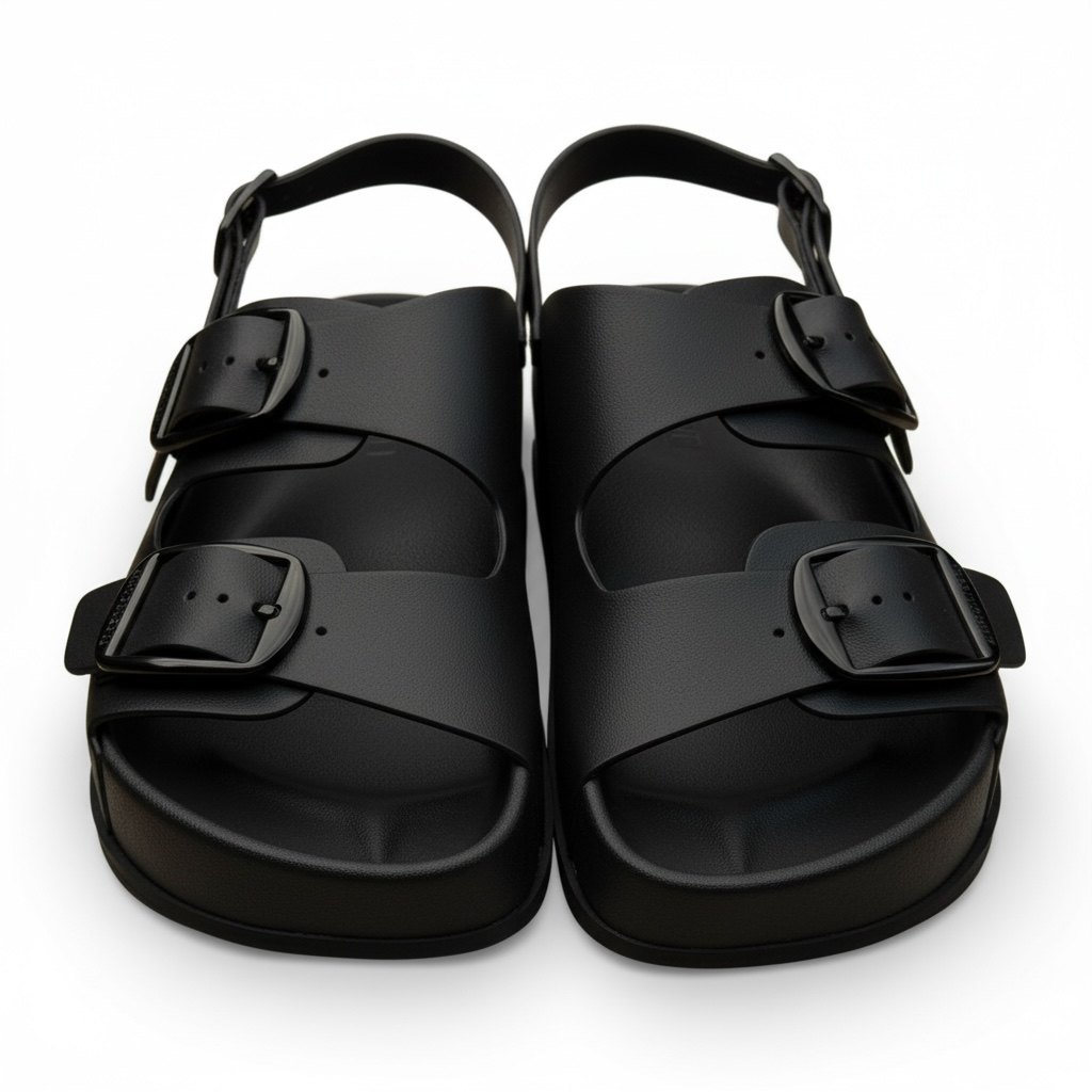 Pair of black sandals with buckle straps on a white background