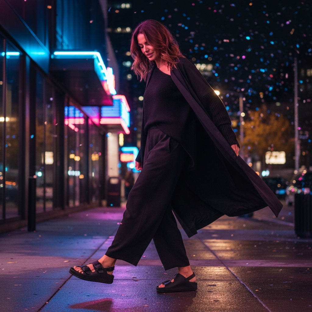 Person in a long coat walking on a city street at night with neon lights wearing black sandals.