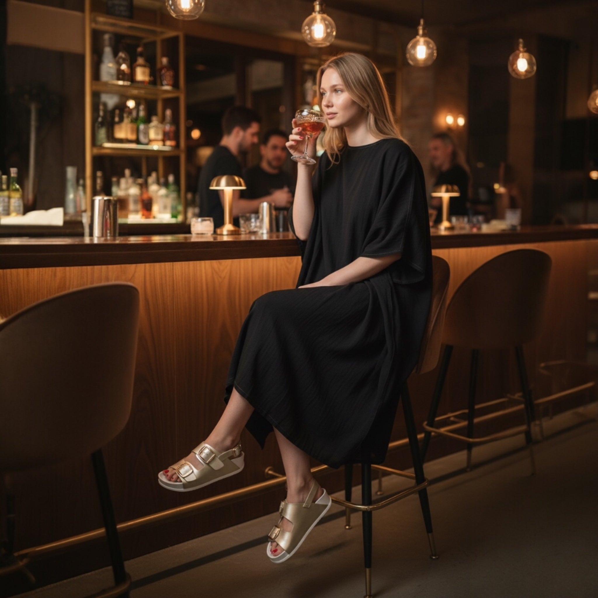 Woman sitting at a bar, holding a glass of wine in a dimly lit bar setting wearing gold sandals.